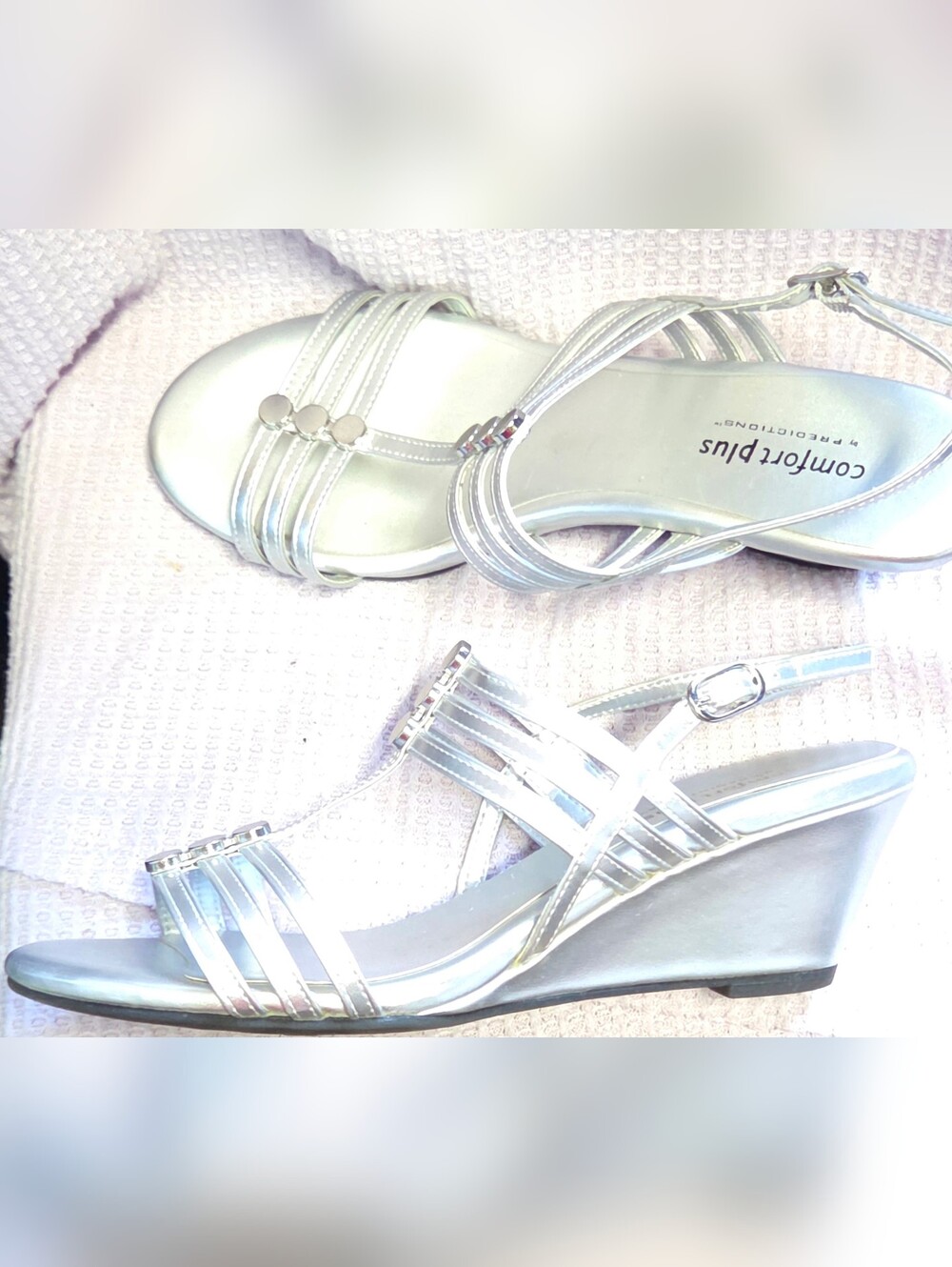 comfort plus by Predictions Metallic Silver Strappy Wedge Sandals